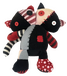 a plush of a two headed cat. it is stitched together, and all the different sections of it are different patterns in colors. it's in red, black, and white, and its eyes are buttons