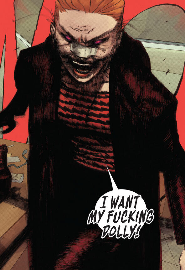 a character who appears to be charlotte cutter from something is killing the children, eyes red, looking menacing and scary, shouting “I want my fucking dolly!”